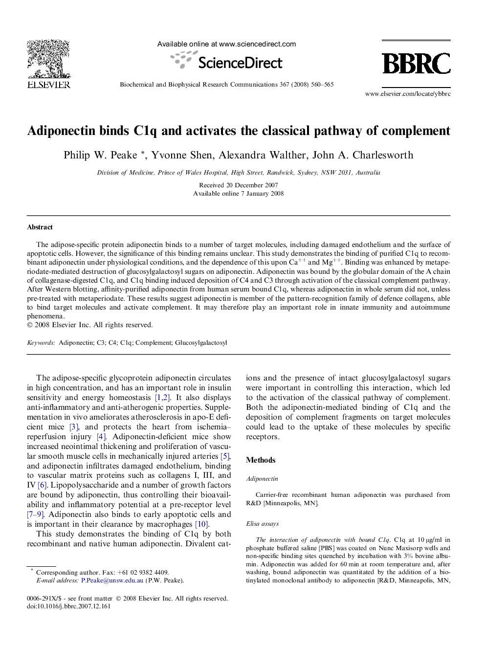 Adiponectin binds C1q and activates the classical pathway of complement