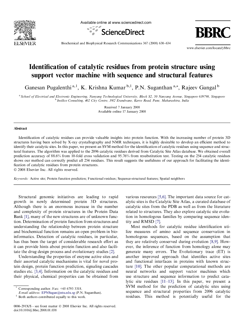 Identification of catalytic residues from protein structure using support vector machine with sequence and structural features