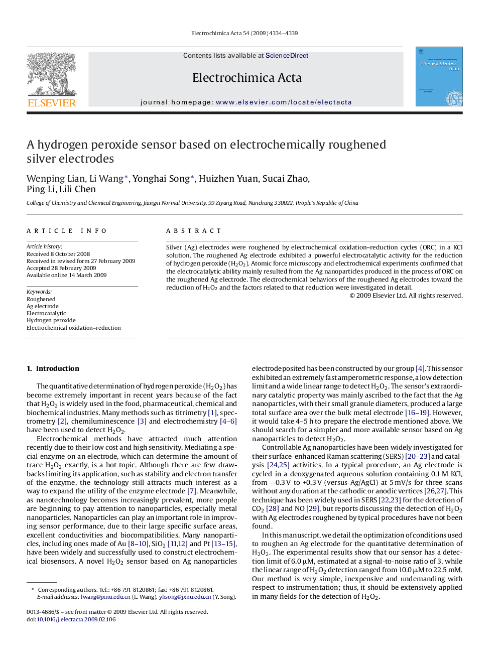 A hydrogen peroxide sensor based on electrochemically roughened silver electrodes