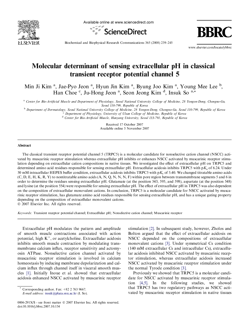 Molecular determinant of sensing extracellular pH in classical transient receptor potential channel 5