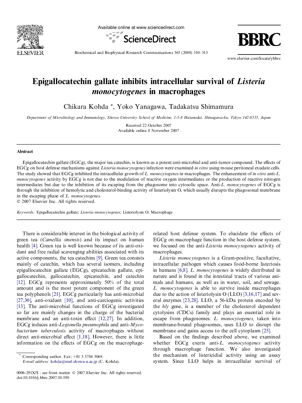 Epigallocatechin gallate inhibits intracellular survival of Listeria monocytogenes in macrophages