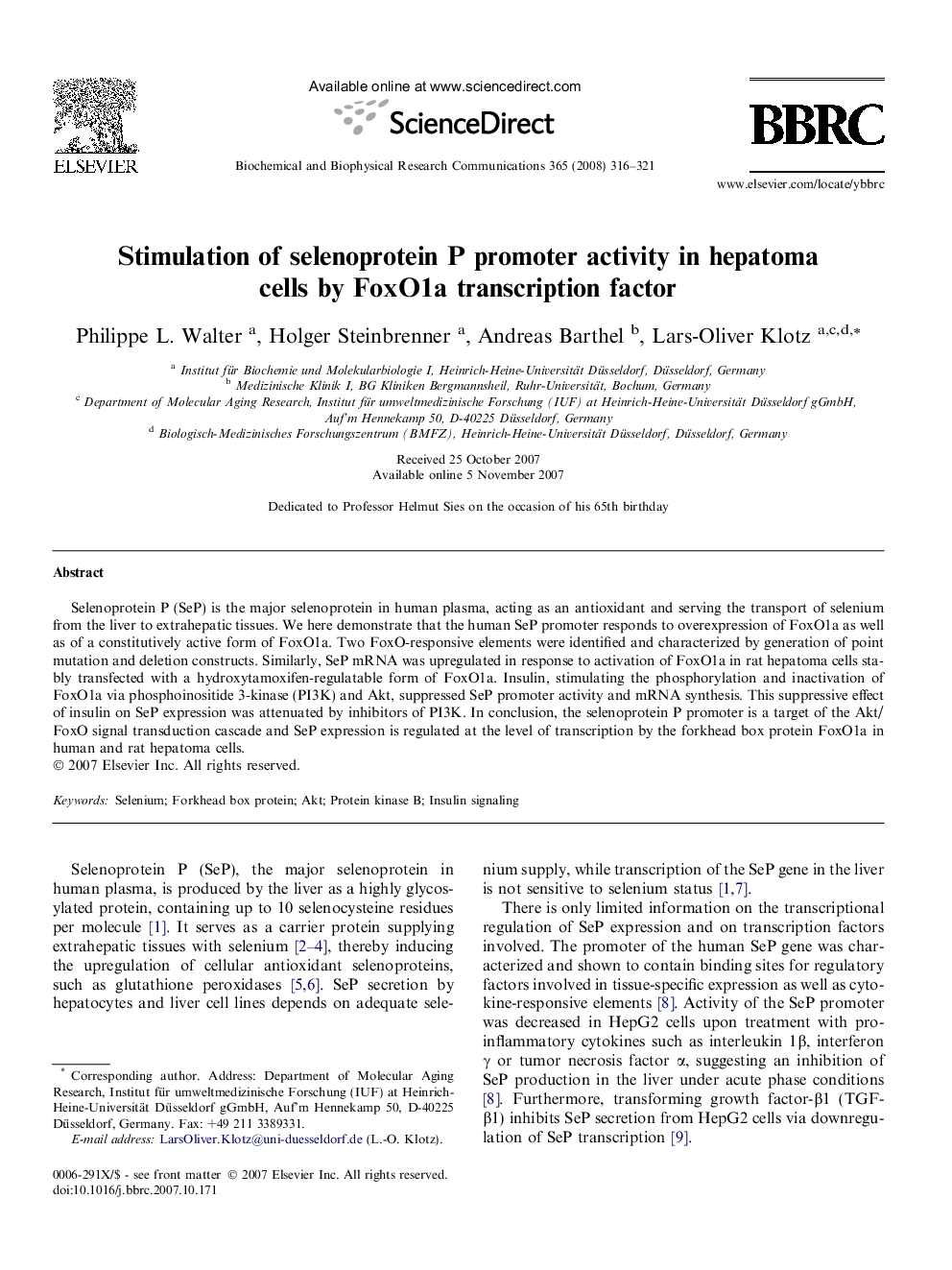 Stimulation of selenoprotein P promoter activity in hepatoma cells by FoxO1a transcription factor