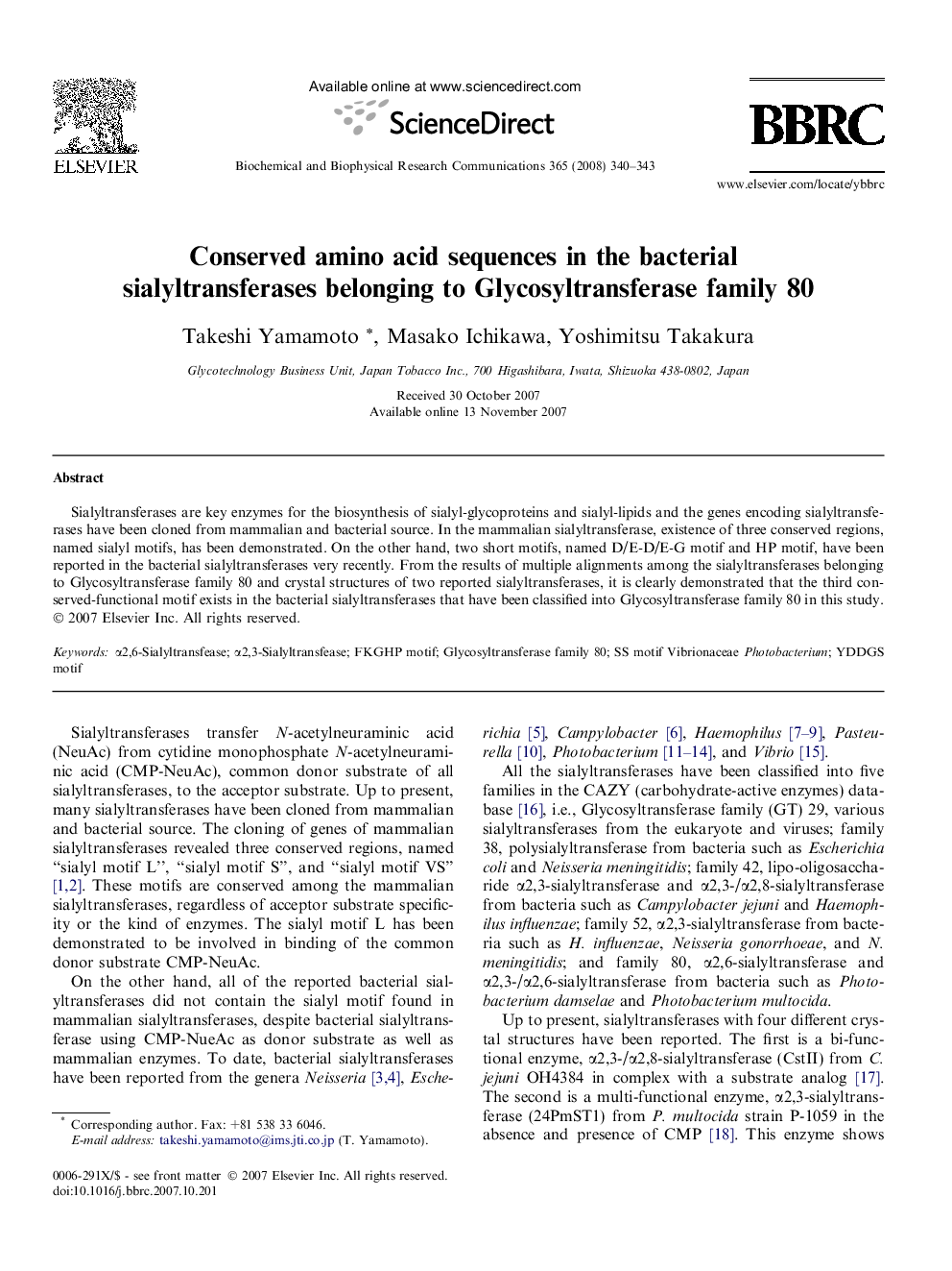 Conserved amino acid sequences in the bacterial sialyltransferases belonging to Glycosyltransferase family 80