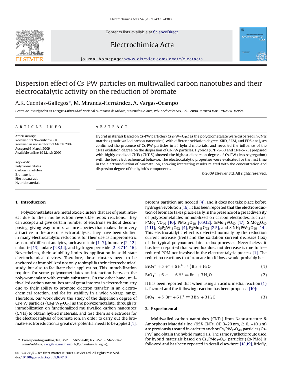 Dispersion effect of Cs-PW particles on multiwalled carbon nanotubes and their electrocatalytic activity on the reduction of bromate