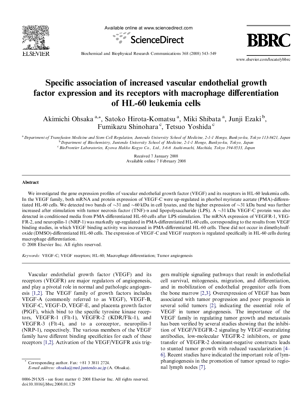 Specific association of increased vascular endothelial growth factor expression and its receptors with macrophage differentiation of HL-60 leukemia cells