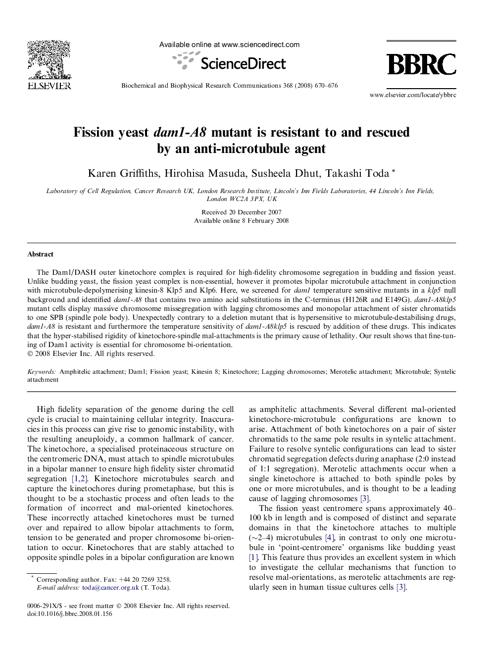 Fission yeast dam1-A8 mutant is resistant to and rescued by an anti-microtubule agent