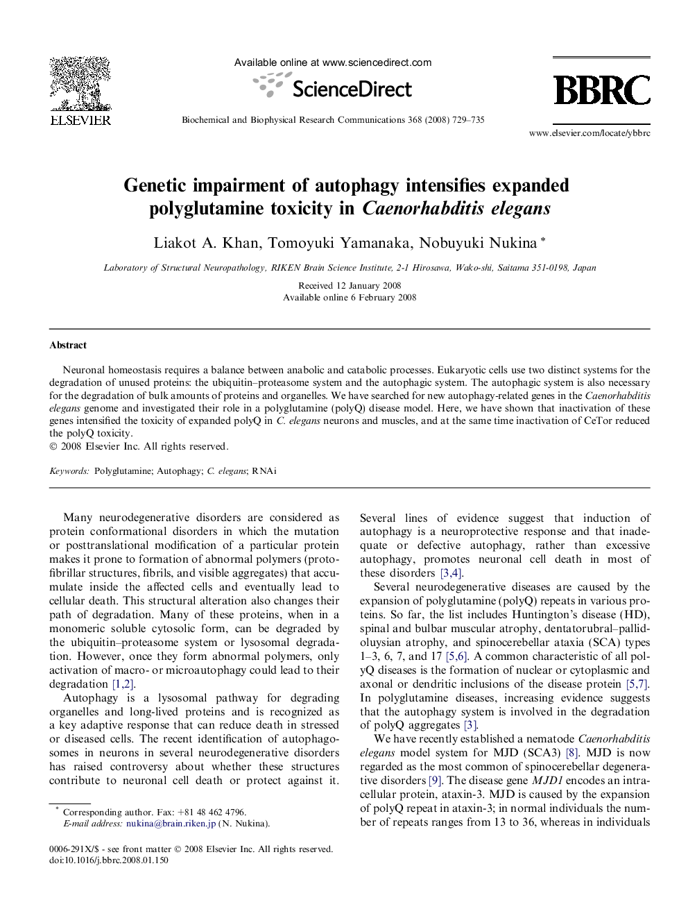 Genetic impairment of autophagy intensifies expanded polyglutamine toxicity in Caenorhabditis elegans