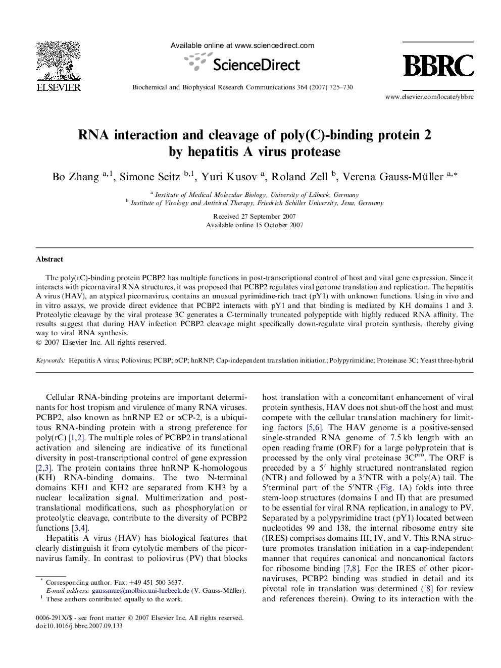عکس صفحه اول مقاله: RNA interaction and cleavage of poly(C)-binding protein 2 by hepatitis A virus protease RNA interaction and cleavage of poly(C)-binding protein 2 by hepatitis A virus protease