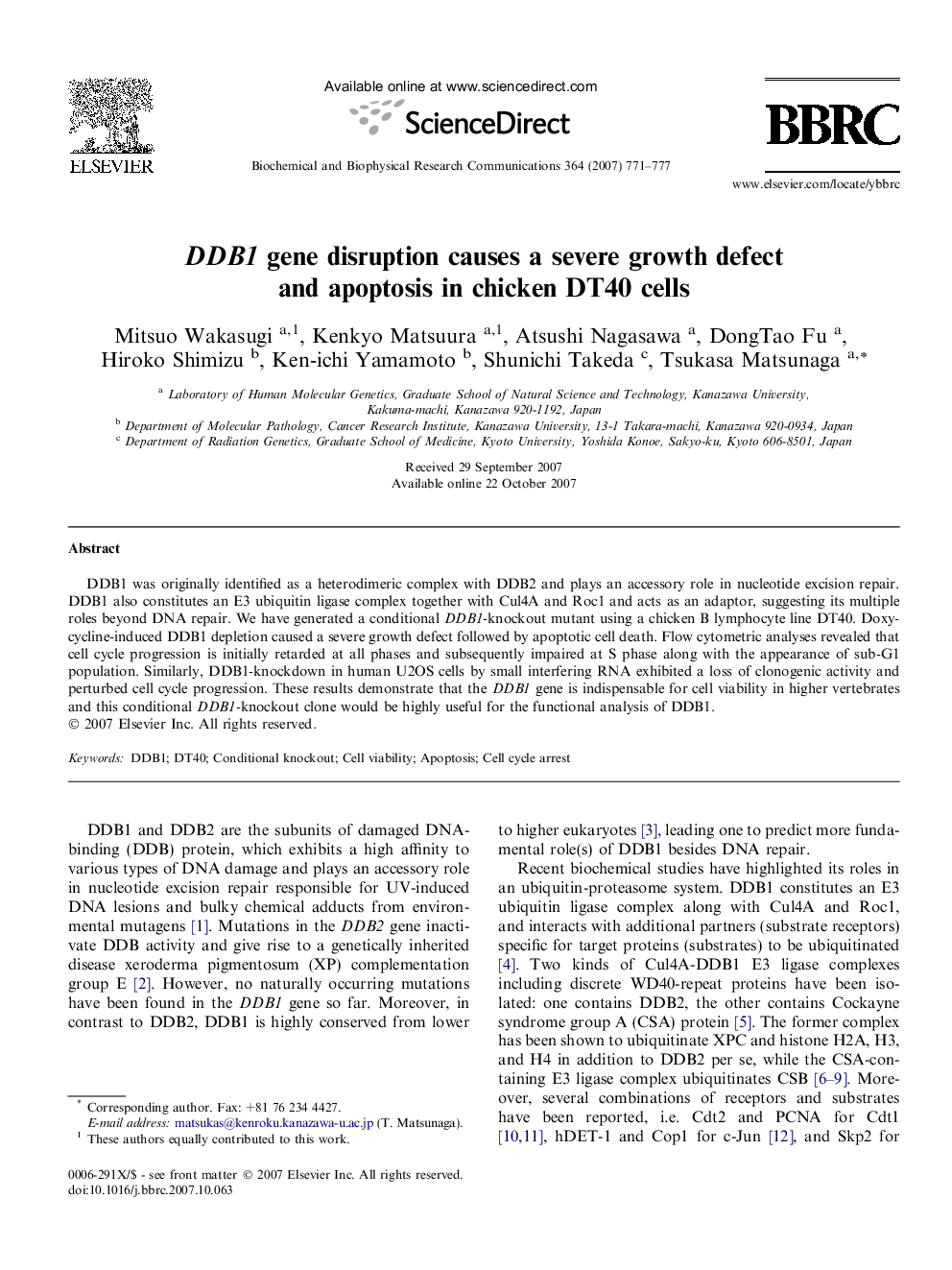 DDB1 gene disruption causes a severe growth defect and apoptosis in chicken DT40 cells