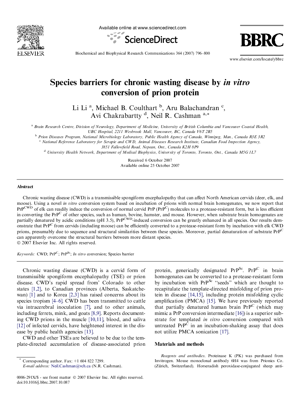 Species barriers for chronic wasting disease by in vitro conversion of prion protein