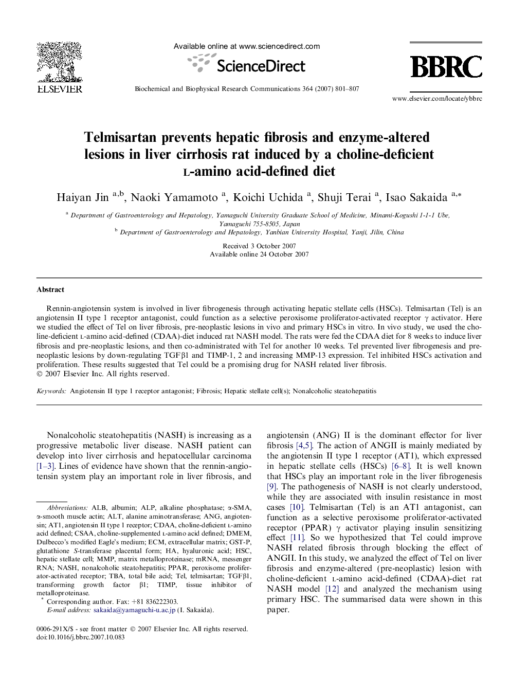 Telmisartan prevents hepatic fibrosis and enzyme-altered lesions in liver cirrhosis rat induced by a choline-deficient l-amino acid-defined diet