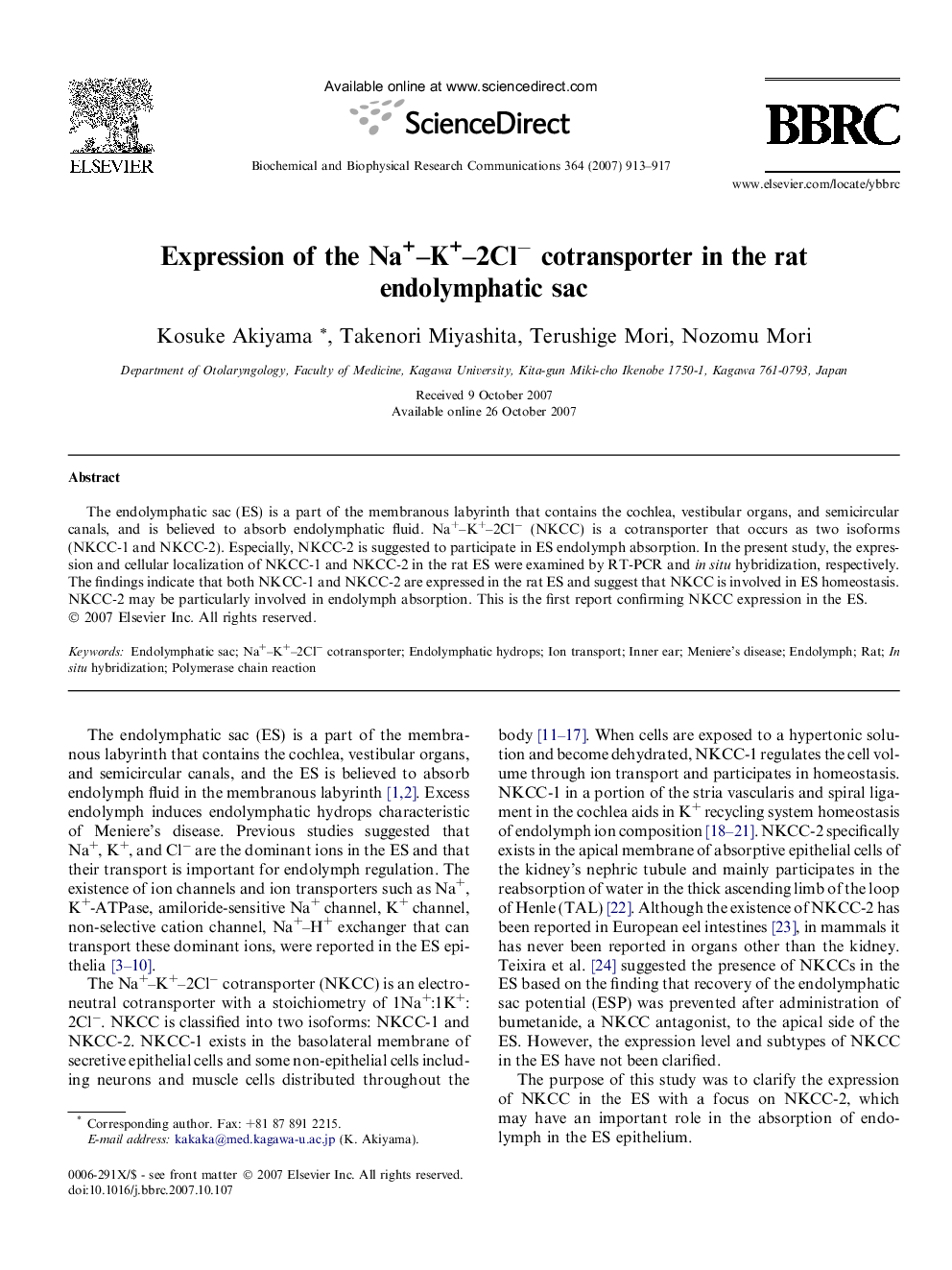 Expression of the Na+-K+-2Clâ cotransporter in the rat endolymphatic sac