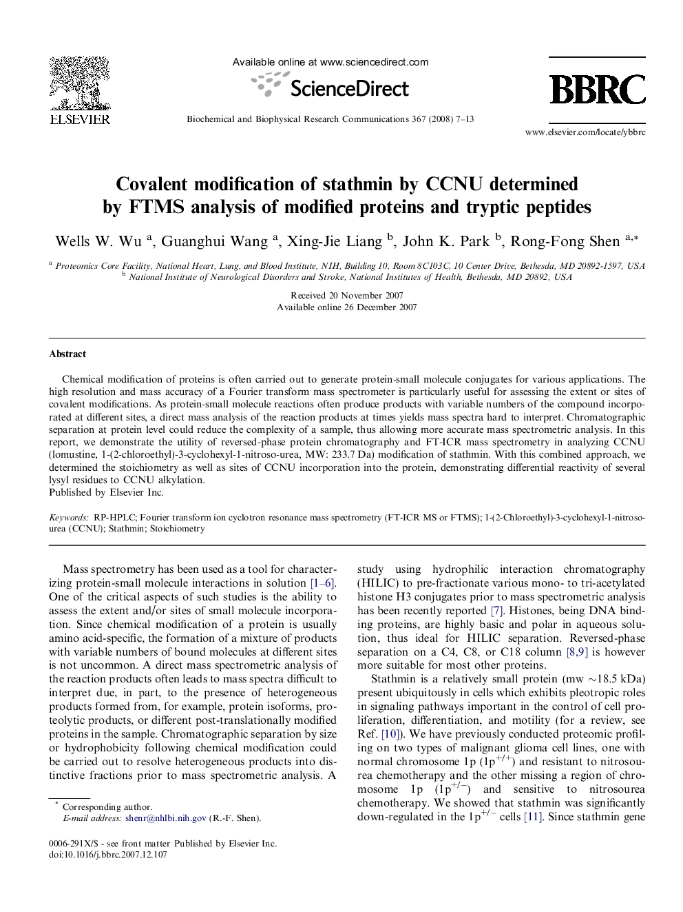 Covalent modification of stathmin by CCNU determined by FTMS analysis of modified proteins and tryptic peptides