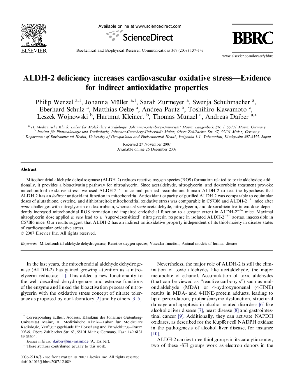 ALDH-2 deficiency increases cardiovascular oxidative stress---Evidence for indirect antioxidative properties