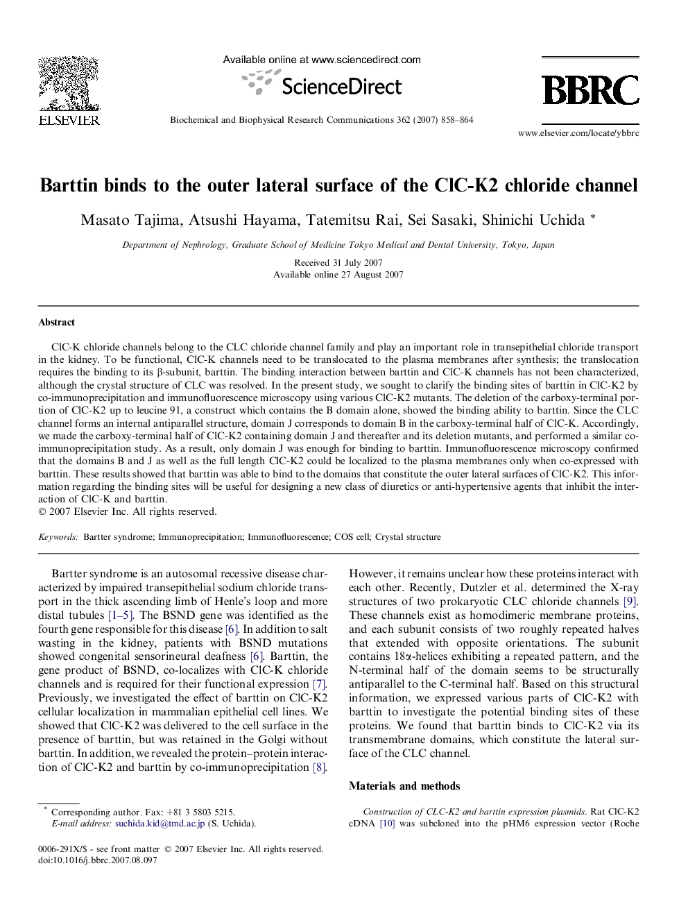 Barttin binds to the outer lateral surface of the ClC-K2 chloride channel