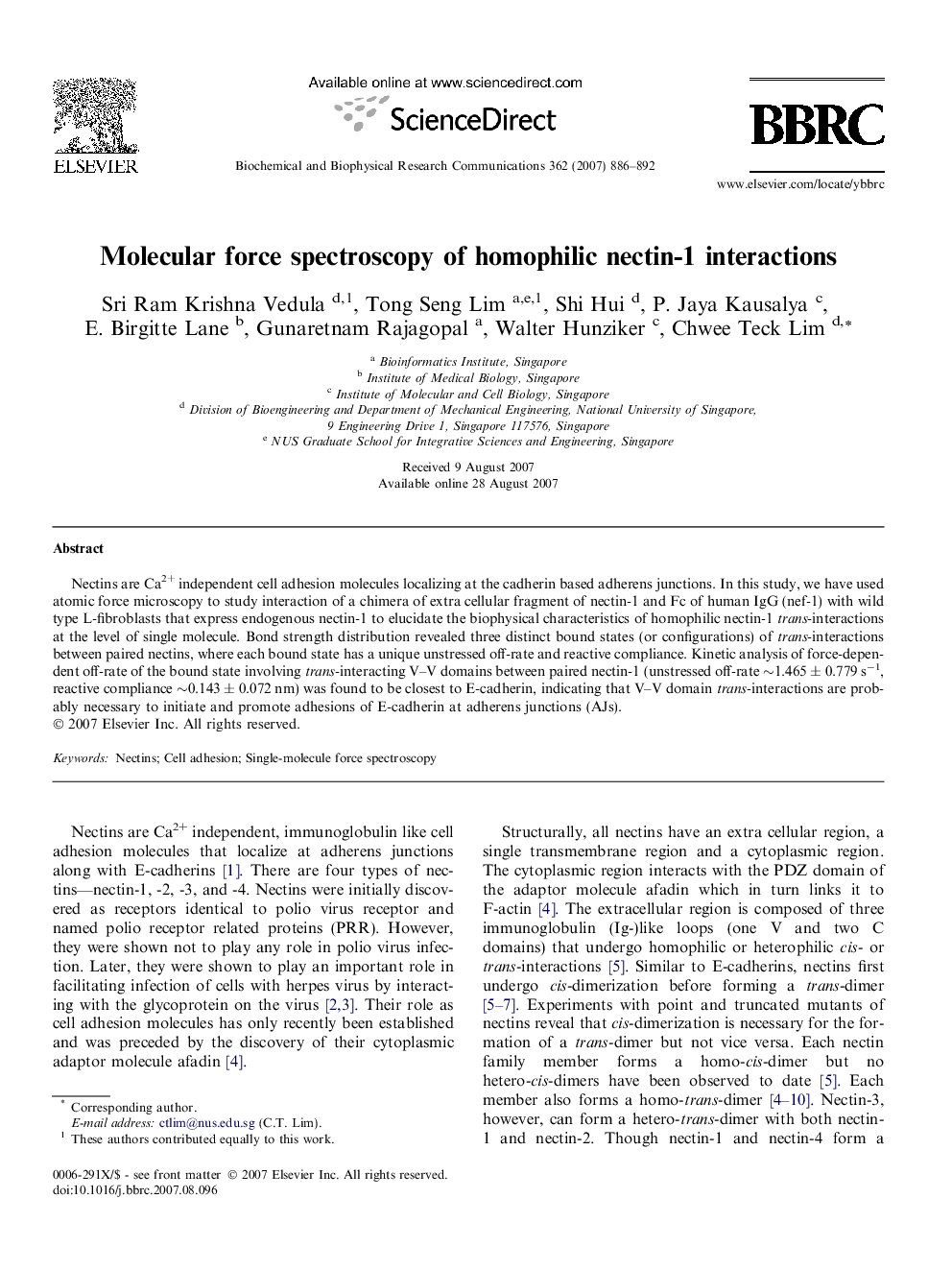 Molecular force spectroscopy of homophilic nectin-1 interactions