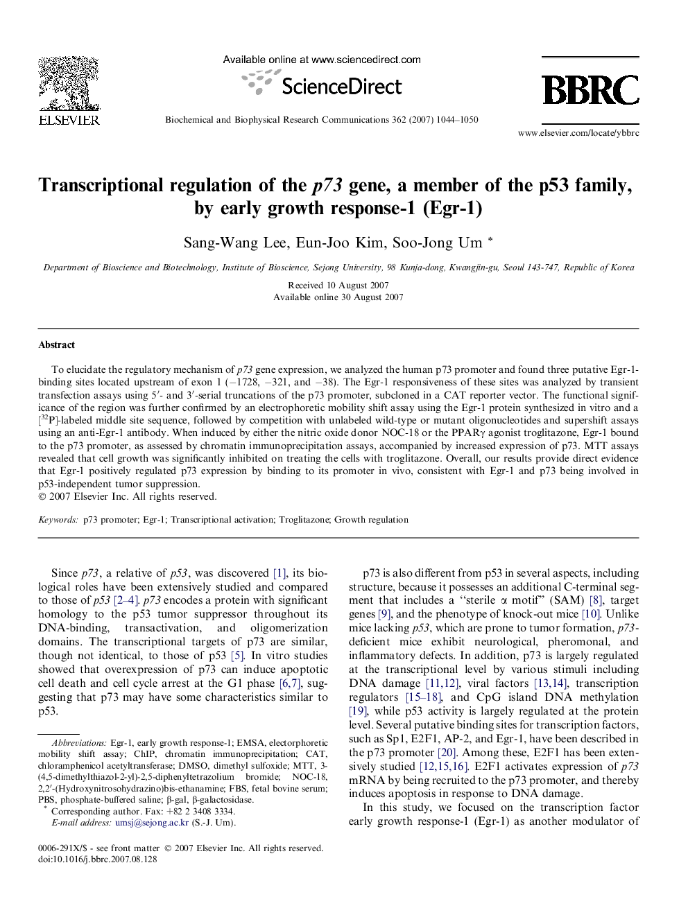 Transcriptional regulation of the p73 gene, a member of the p53 family, by early growth response-1 (Egr-1)