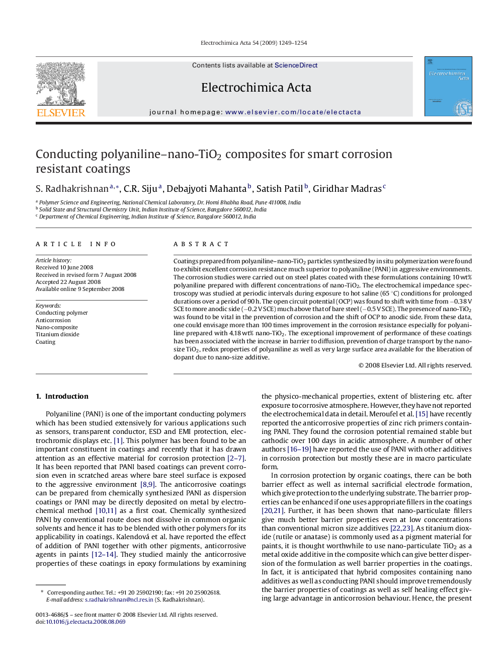 Conducting polyaniline–nano-TiO2 composites for smart corrosion resistant coatings