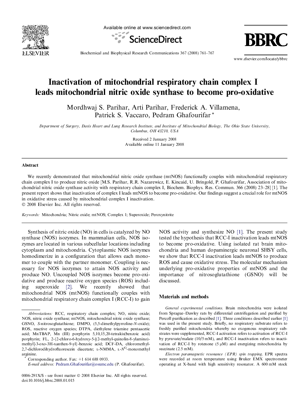 Inactivation of mitochondrial respiratory chain complex I leads mitochondrial nitric oxide synthase to become pro-oxidative