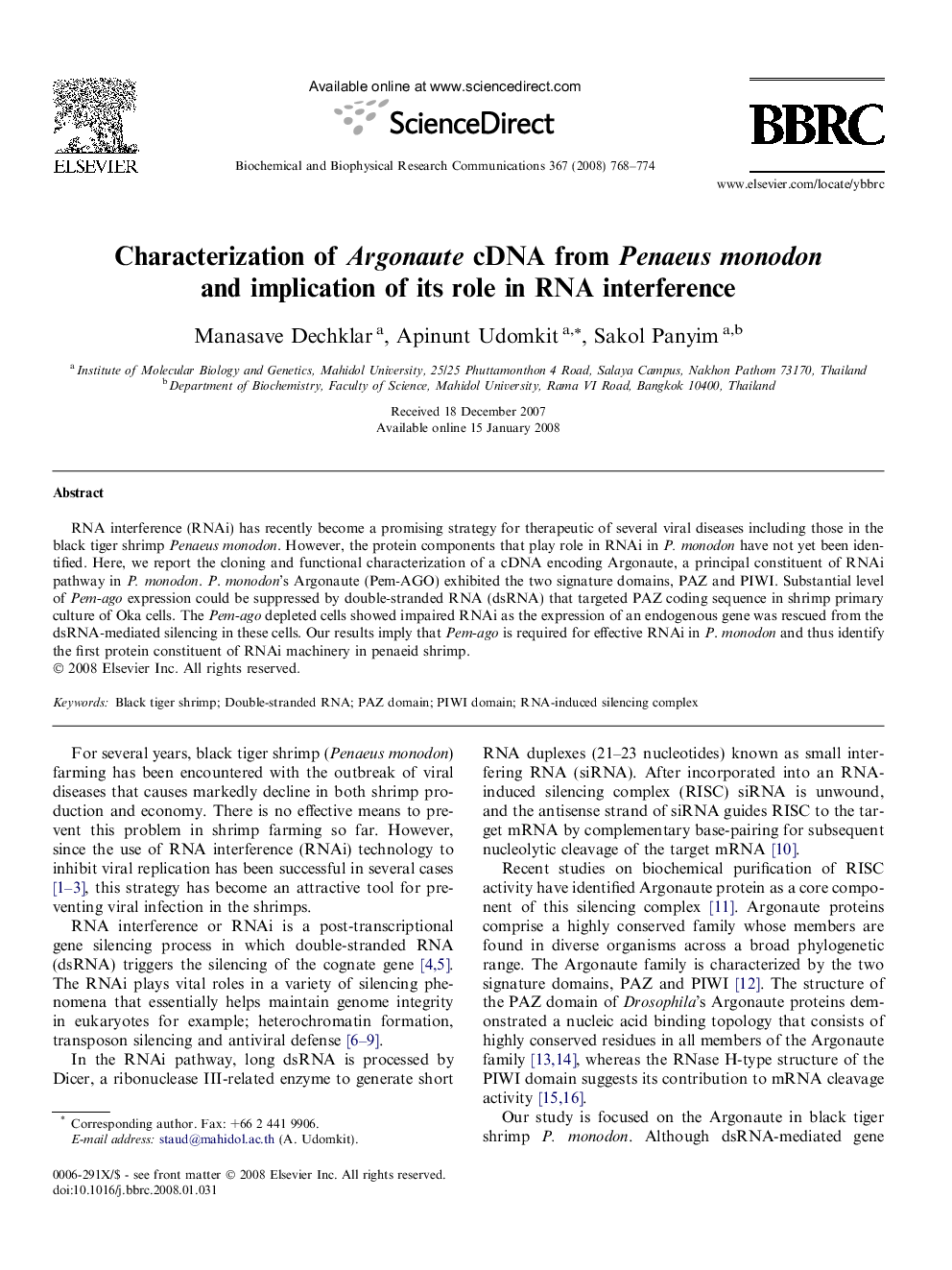 Characterization of Argonaute cDNA from Penaeus monodon and implication of its role in RNA interference