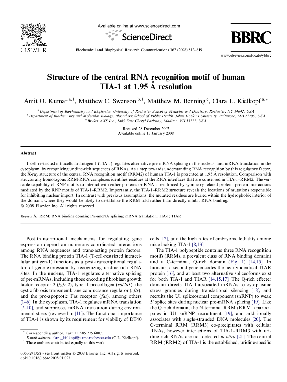 Structure of the central RNA recognition motif of human TIA-1 at 1.95 Å resolution