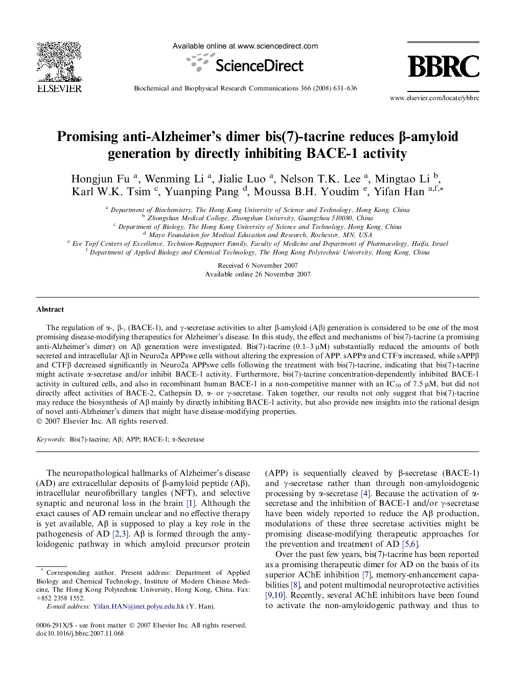 Promising anti-Alzheimer’s dimer bis(7)-tacrine reduces β-amyloid generation by directly inhibiting BACE-1 activity