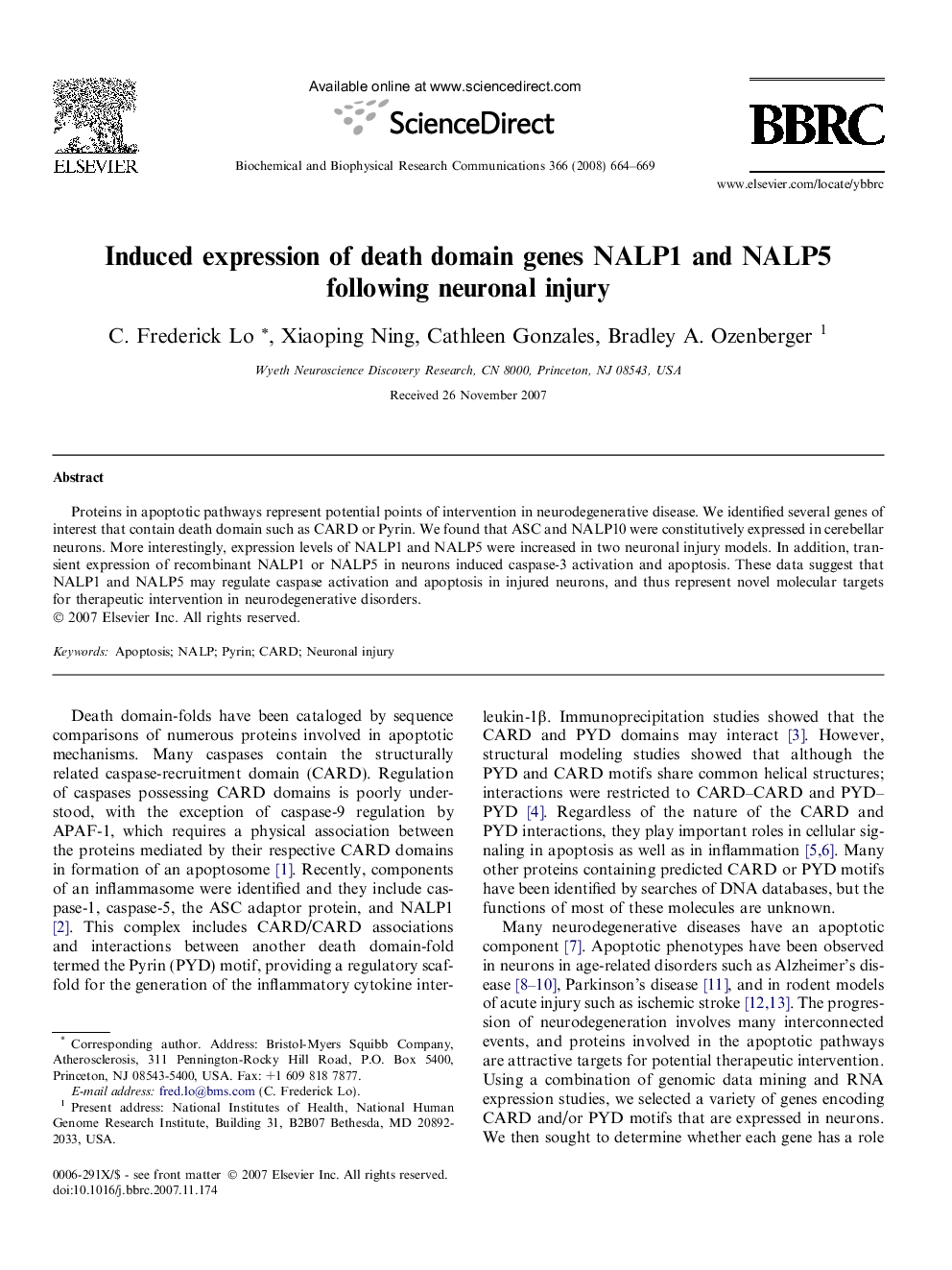 Induced expression of death domain genes NALP1 and NALP5 following neuronal injury