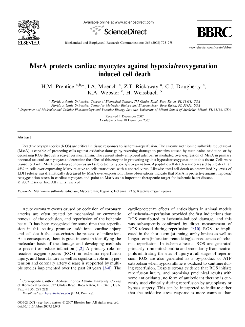 MsrA protects cardiac myocytes against hypoxia/reoxygenation induced cell death