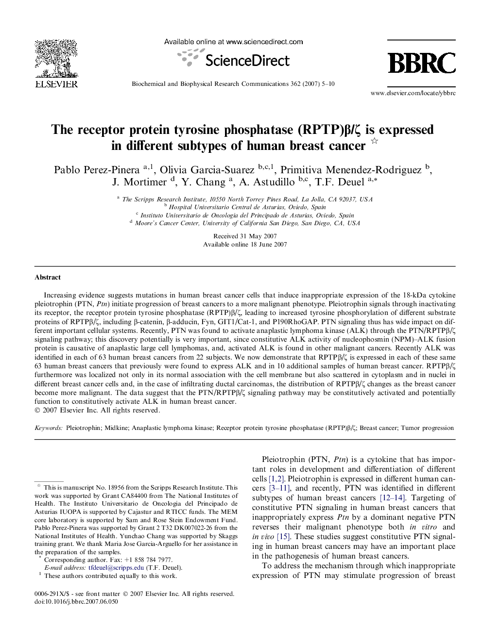 The receptor protein tyrosine phosphatase (RPTP)β/ζ is expressed in different subtypes of human breast cancer 