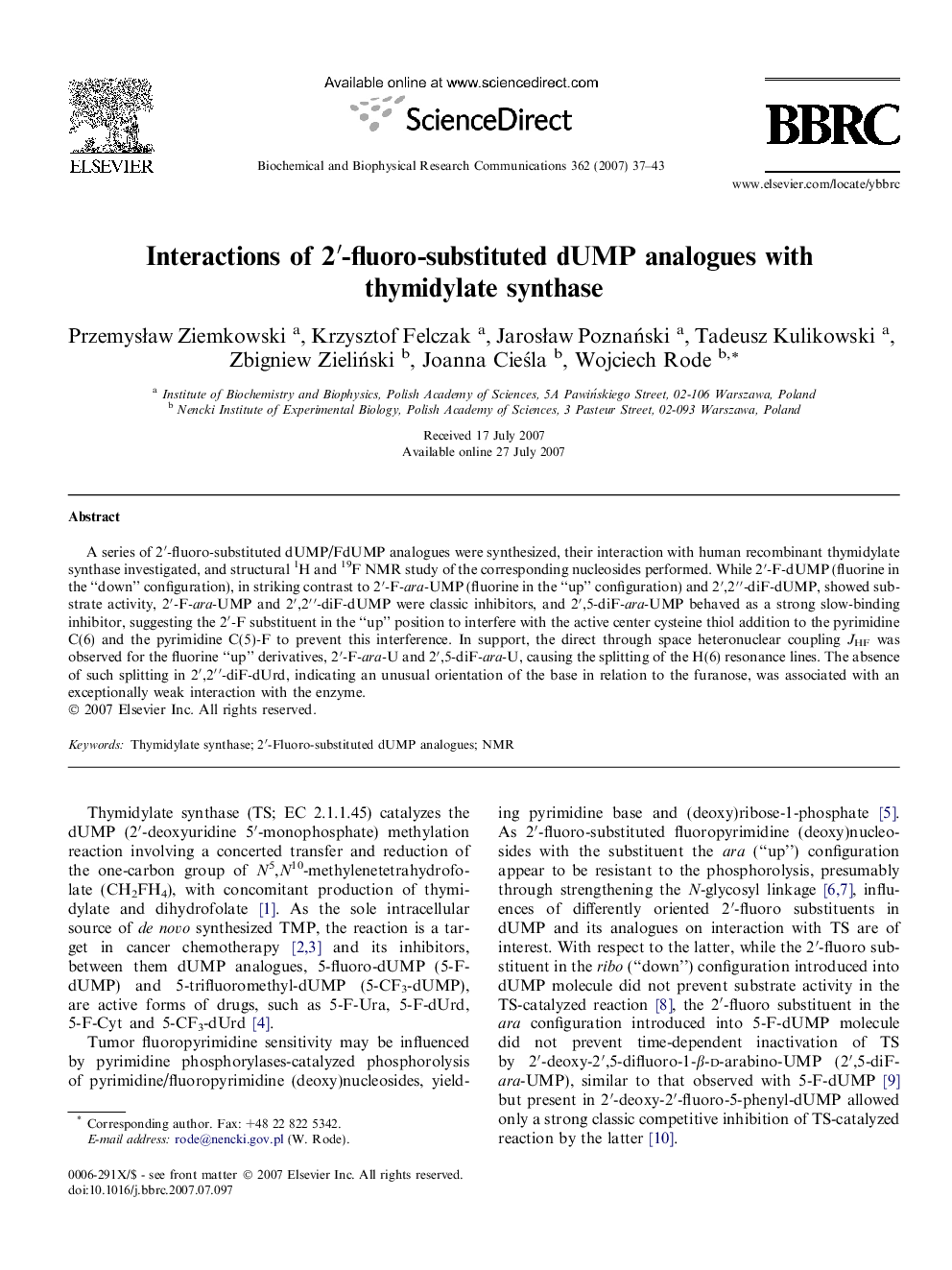 Interactions of 2′-fluoro-substituted dUMP analogues with thymidylate synthase