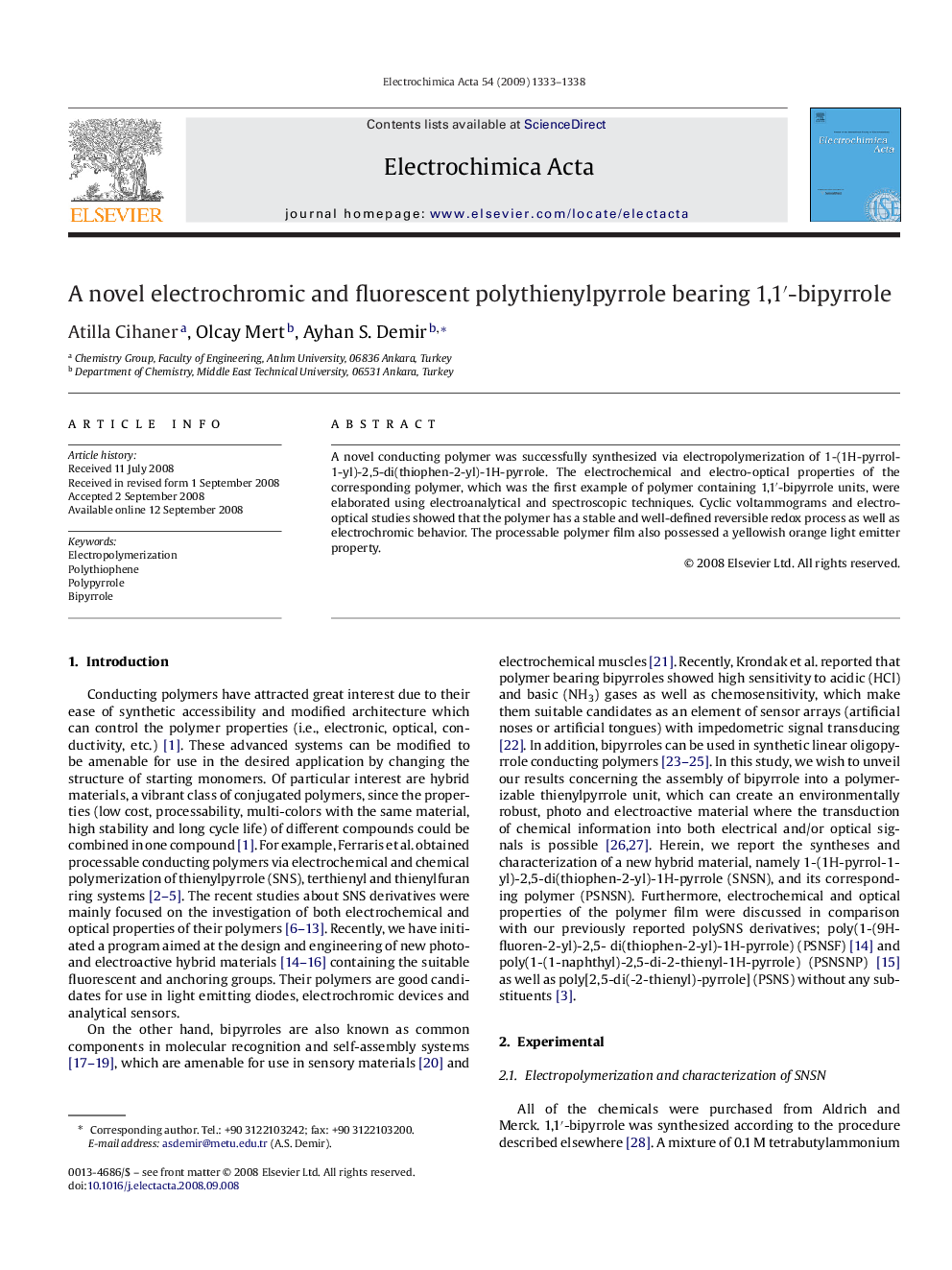 A novel electrochromic and fluorescent polythienylpyrrole bearing 1,1′-bipyrrole