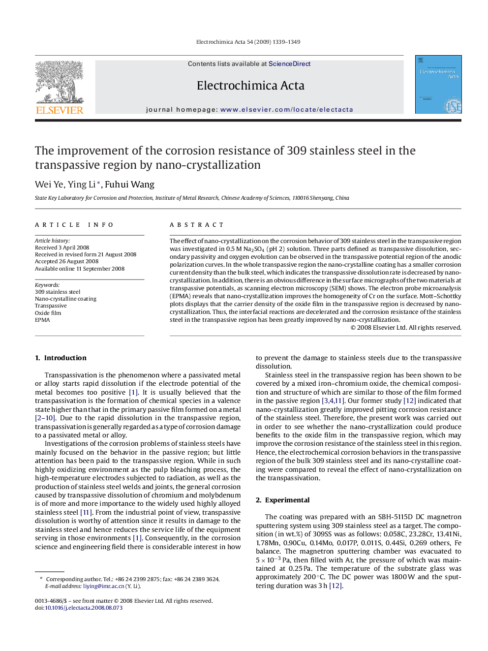 The improvement of the corrosion resistance of 309 stainless steel in the transpassive region by nano-crystallization