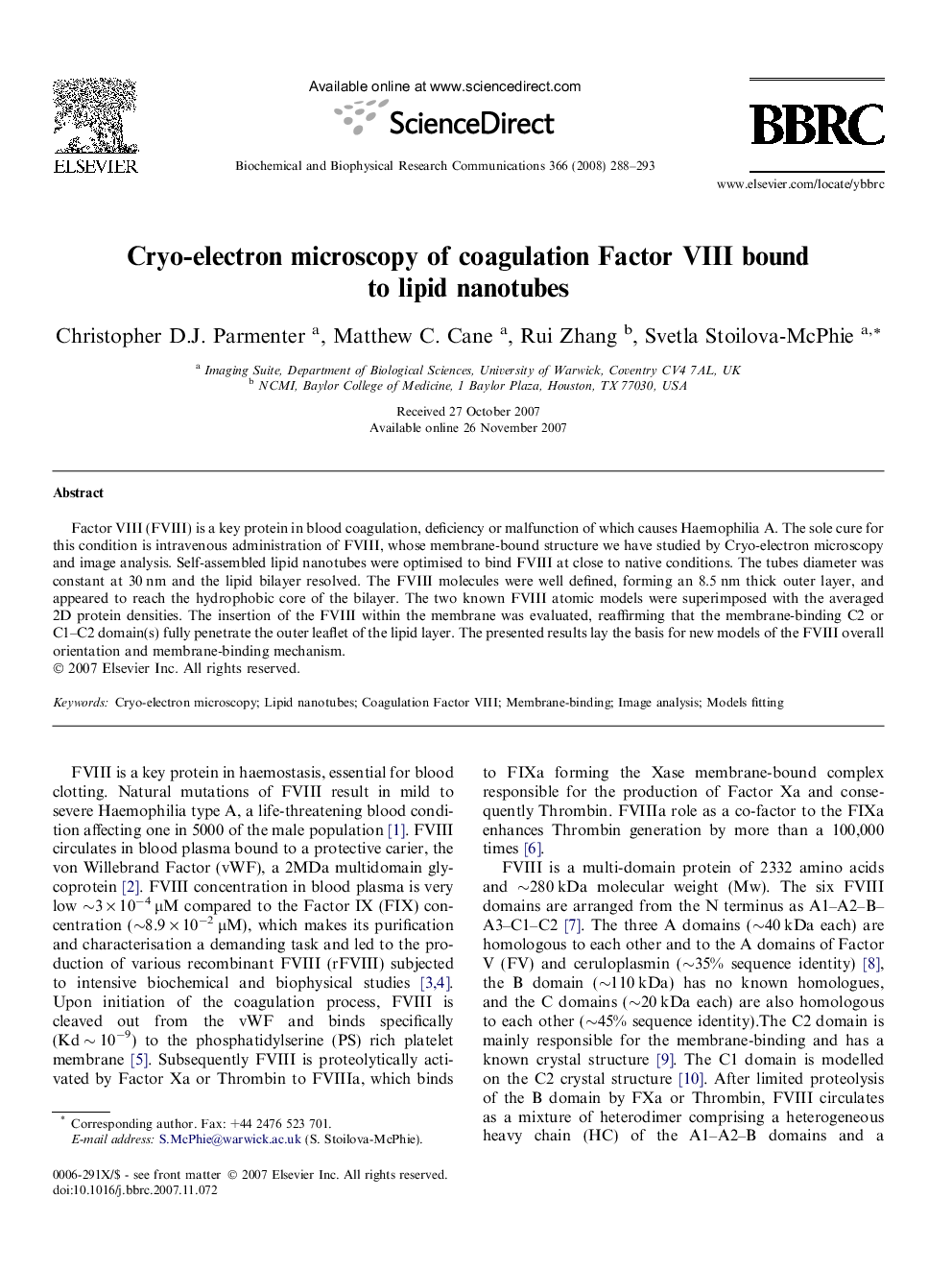 Cryo-electron microscopy of coagulation Factor VIII bound to lipid nanotubes