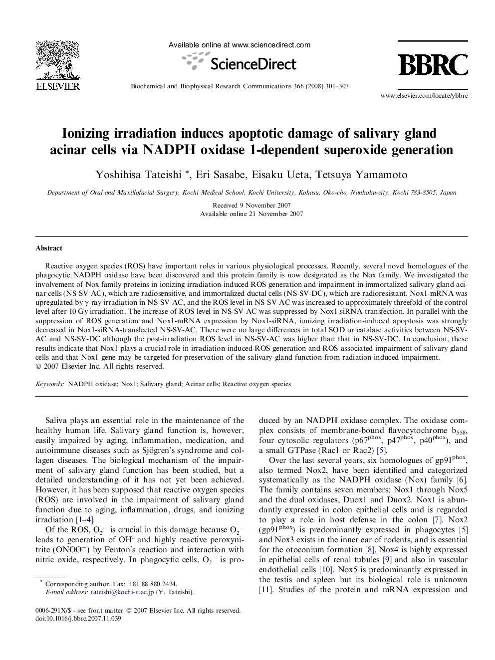 Ionizing irradiation induces apoptotic damage of salivary gland acinar cells via NADPH oxidase 1-dependent superoxide generation