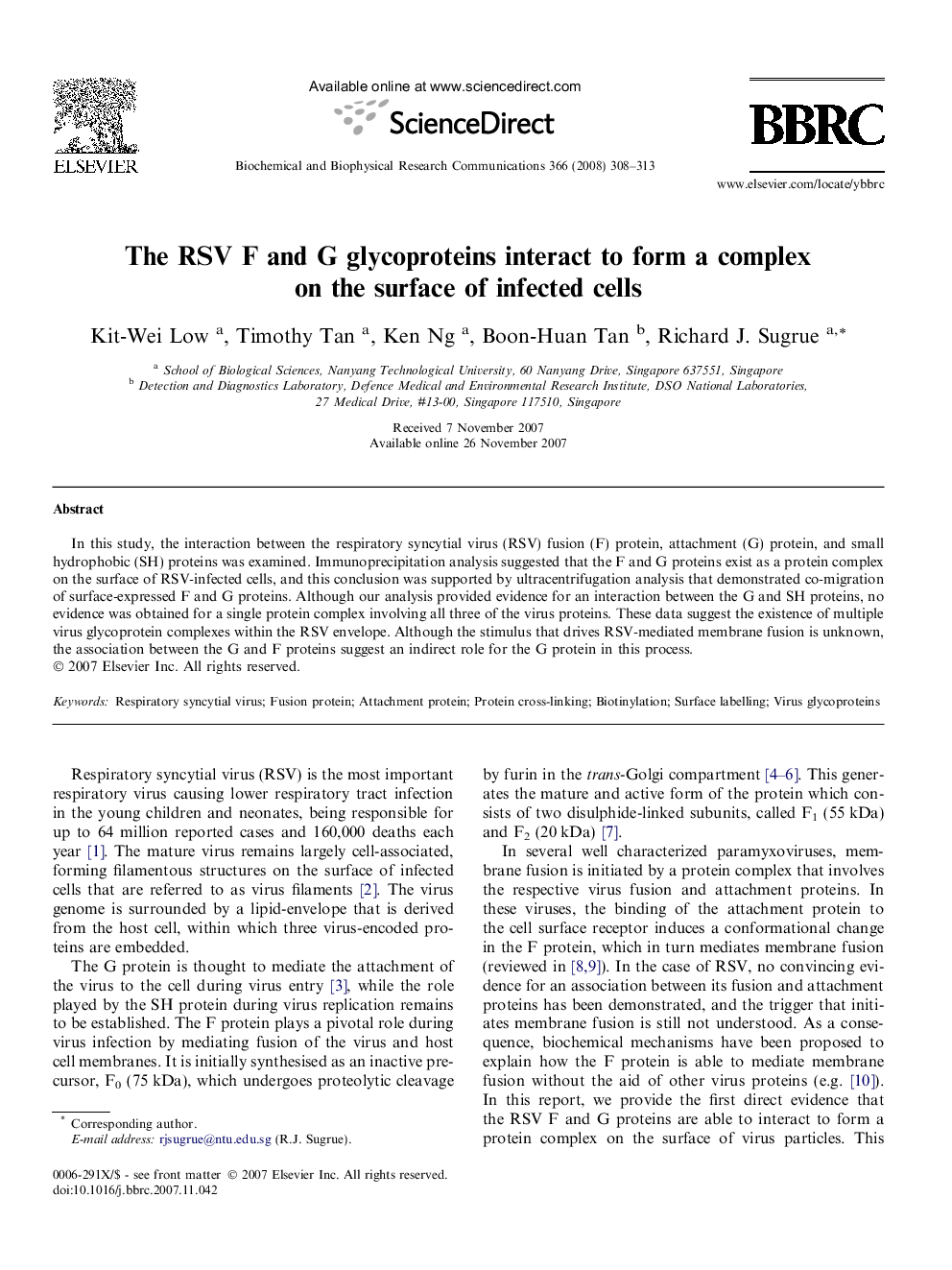 The RSV F and G glycoproteins interact to form a complex on the surface of infected cells