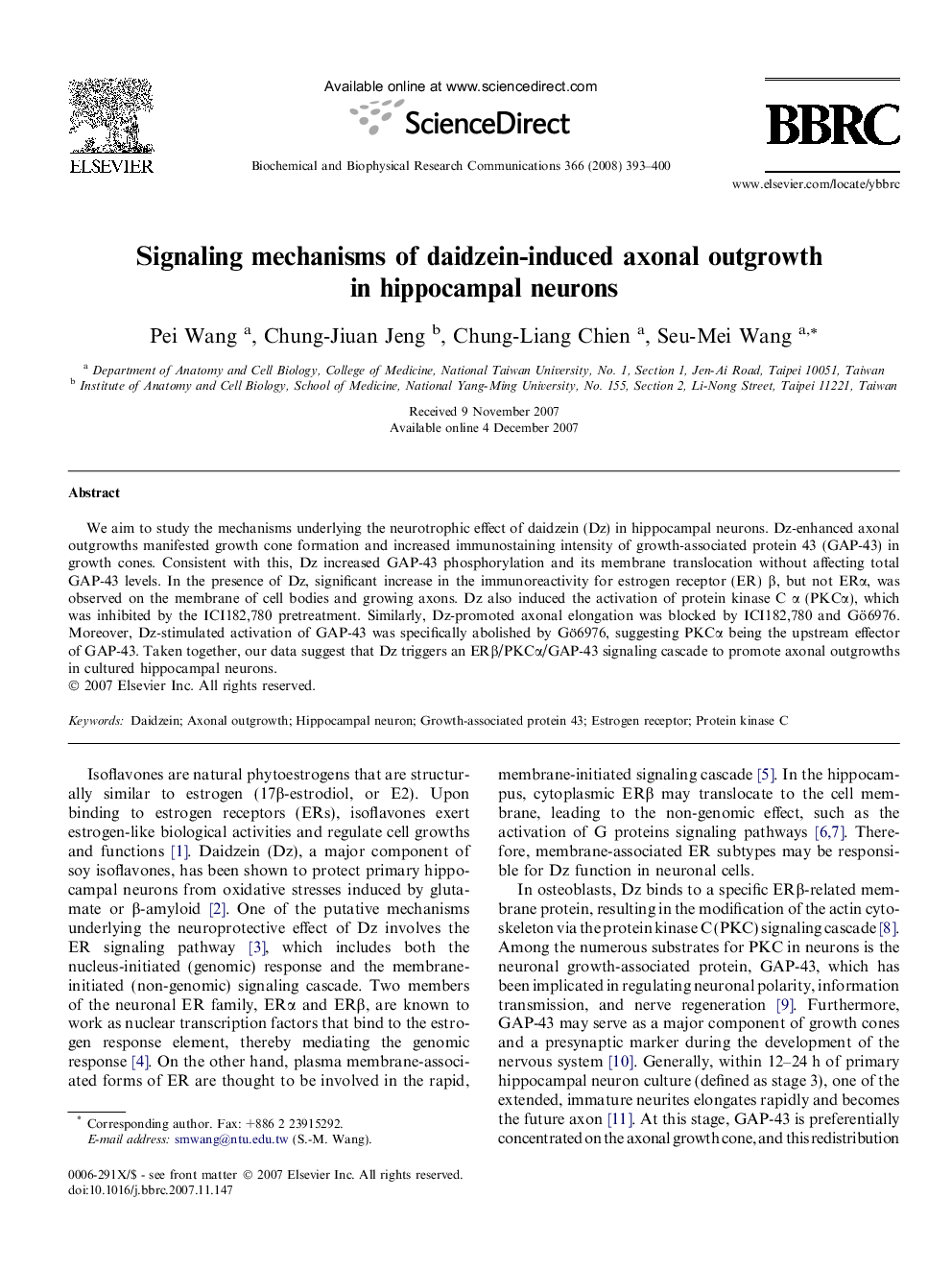 Signaling mechanisms of daidzein-induced axonal outgrowth in hippocampal neurons