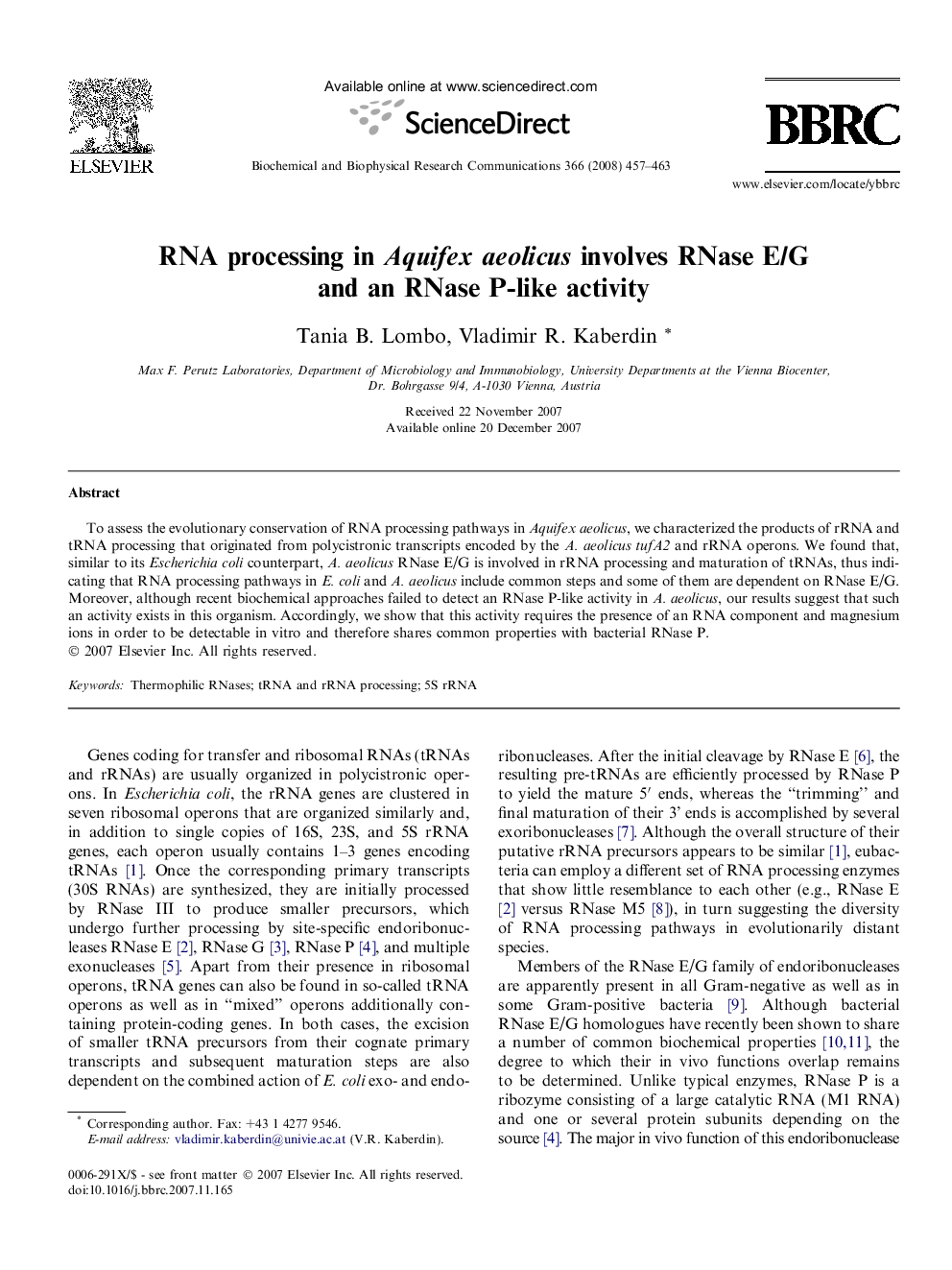 عکس صفحه اول مقاله: RNA processing in Aquifex aeolicus involves RNase E/G and an RNase P-like activity RNA processing in Aquifex aeolicus involves RNase E/G and an RNase P-like activity