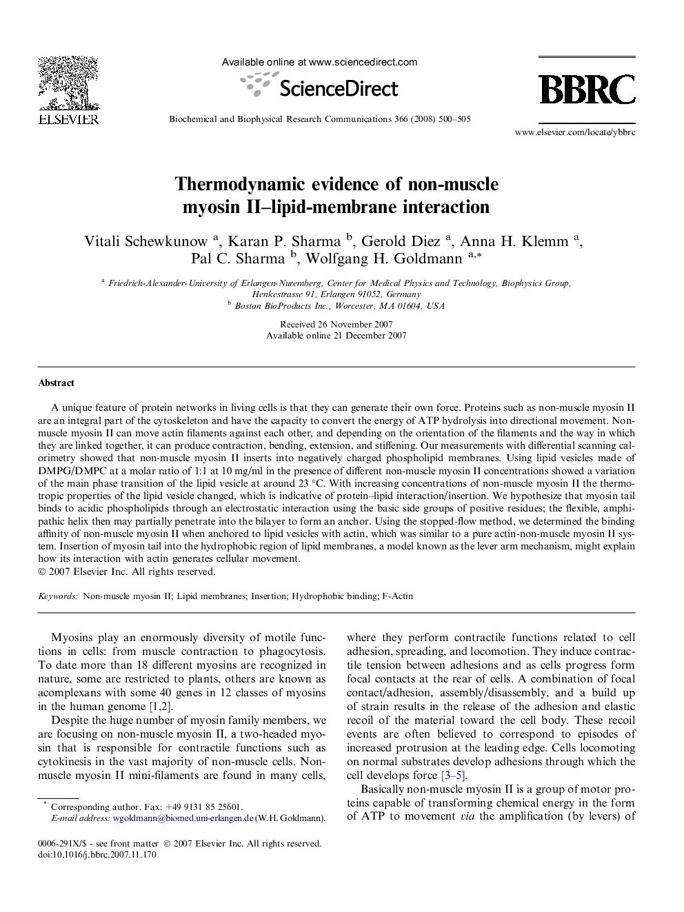 Thermodynamic evidence of non-muscle myosin II–lipid-membrane interaction