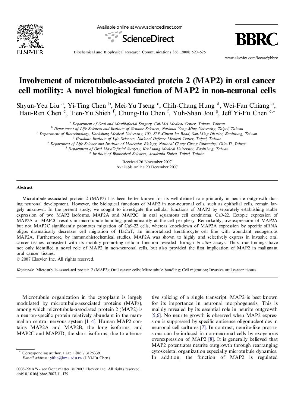 Involvement of microtubule-associated protein 2 (MAP2) in oral cancer cell motility: A novel biological function of MAP2 in non-neuronal cells