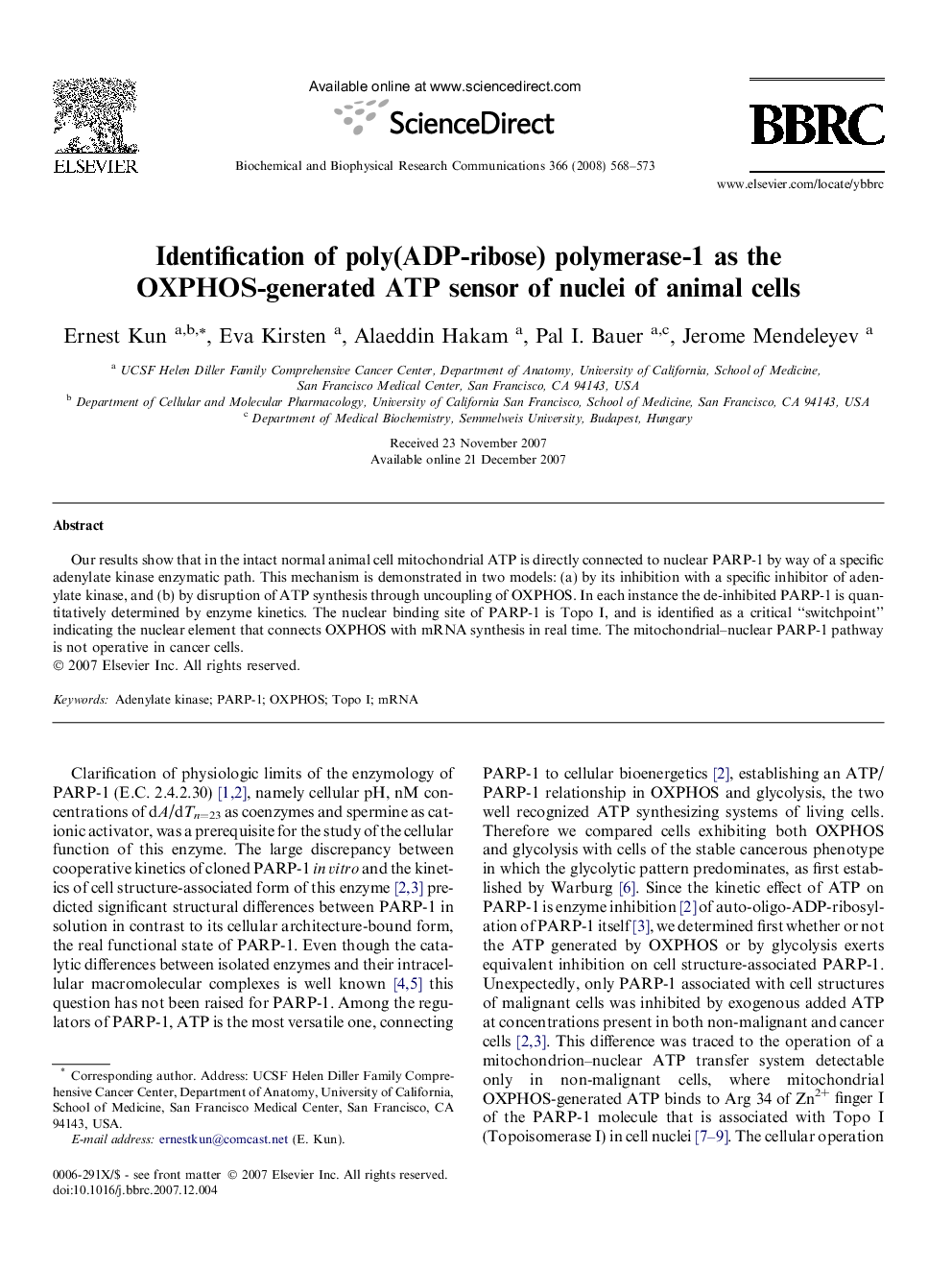 Identification of poly(ADP-ribose) polymerase-1 as the OXPHOS-generated ATP sensor of nuclei of animal cells