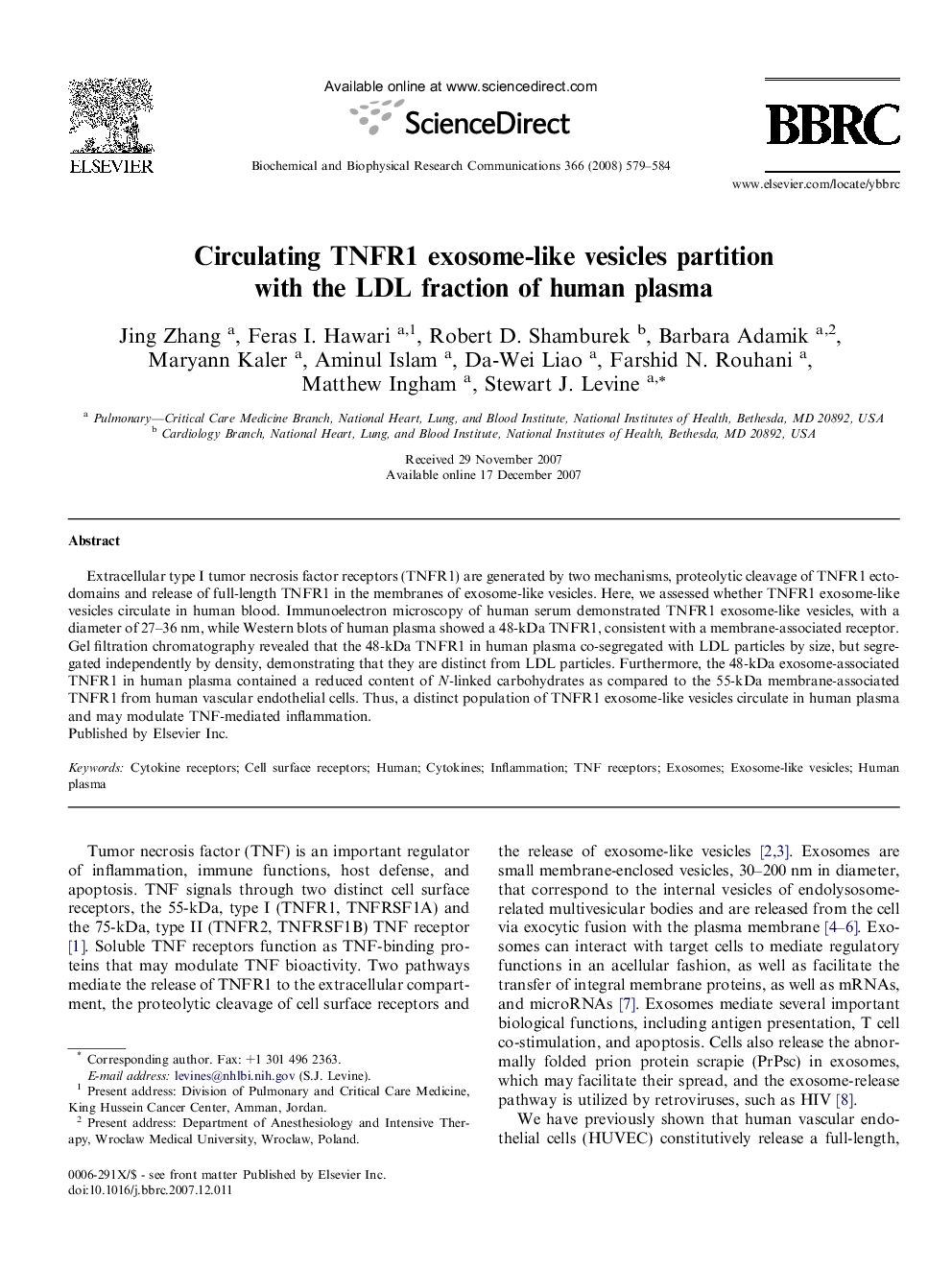 Circulating TNFR1 exosome-like vesicles partition with the LDL fraction of human plasma