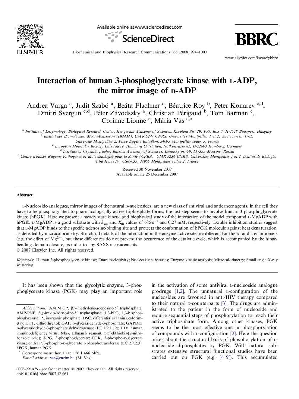 Interaction of human 3-phosphoglycerate kinase with l-ADP, the mirror image of d-ADP