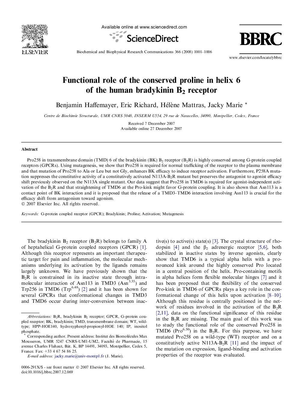 Functional role of the conserved proline in helix 6 of the human bradykinin B2 receptor