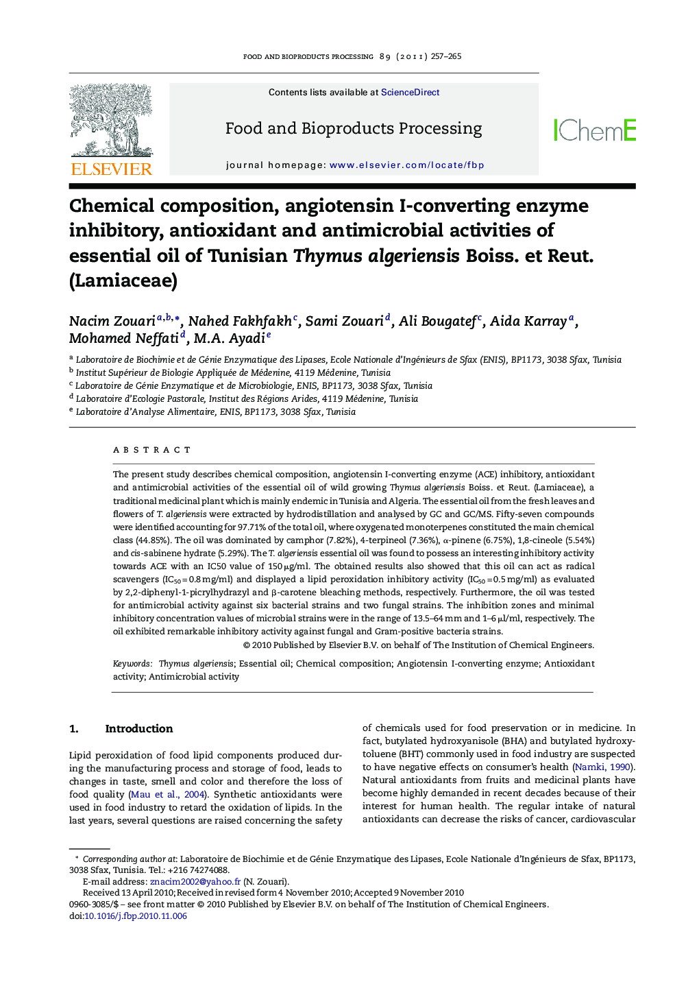 Chemical composition, angiotensin I-converting enzyme inhibitory, antioxidant and antimicrobial activities of essential oil of Tunisian Thymus algeriensis Boiss. et Reut. (Lamiaceae)