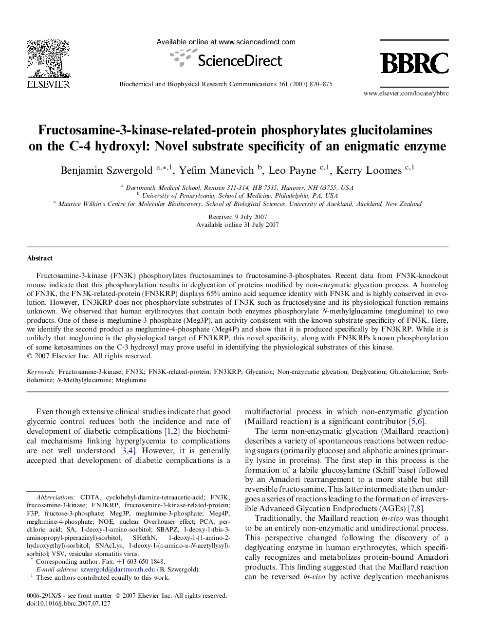 عکس صفحه اول مقاله: Fructosamine-3-kinase-related-protein phosphorylates glucitolamines on the C-4 hydroxyl: Novel substrate specificity of an enigmatic enzyme Fructosamine-3-kinase-related-protein phosphorylates glucitolamines on the C-4 hydroxyl: Novel substrate specificity of an enigmatic enzyme