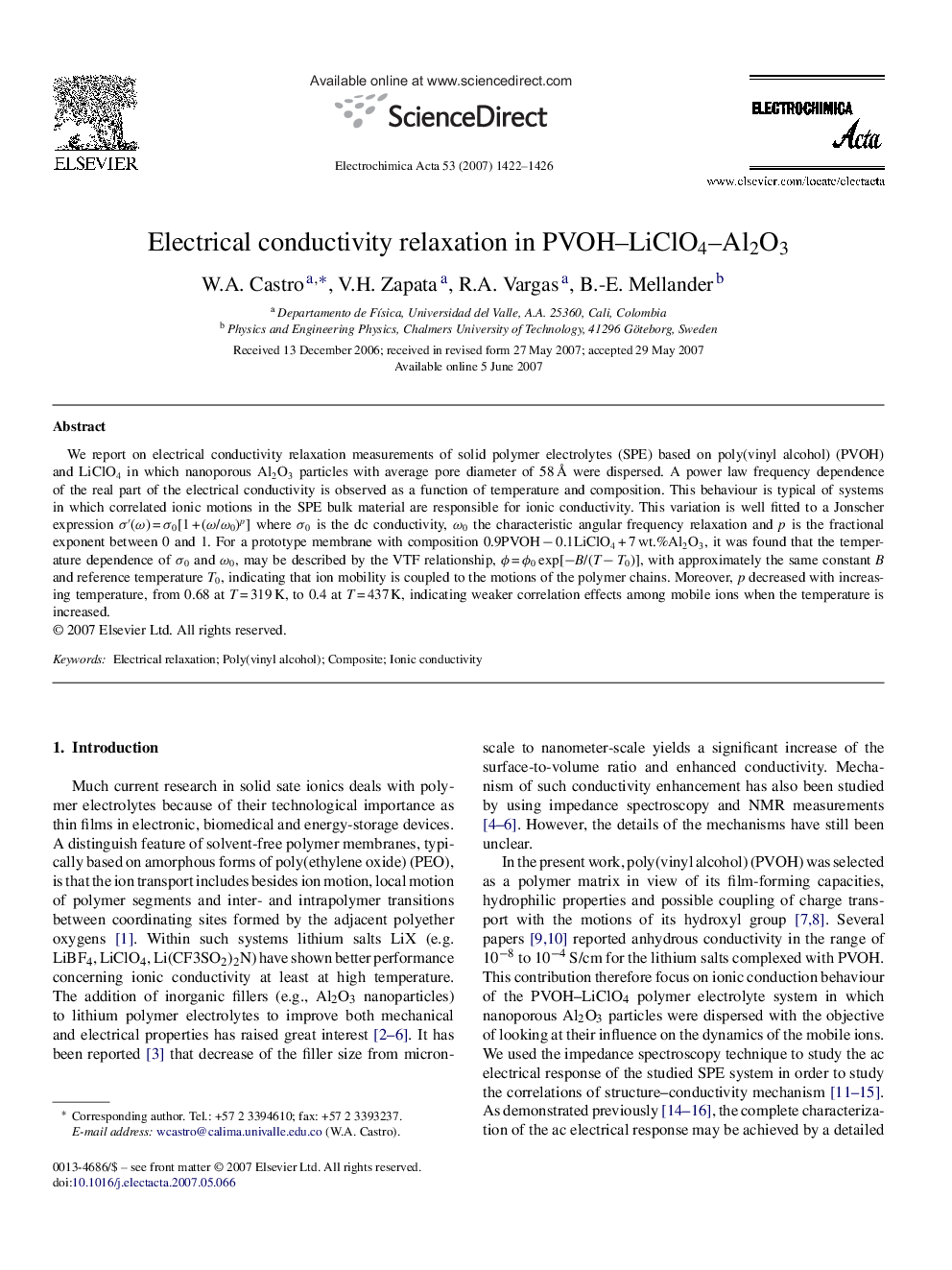 Electrical conductivity relaxation in PVOH–LiClO4–Al2O3