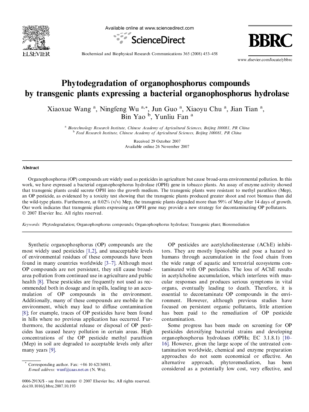 Phytodegradation of organophosphorus compounds by transgenic plants expressing a bacterial organophosphorus hydrolase