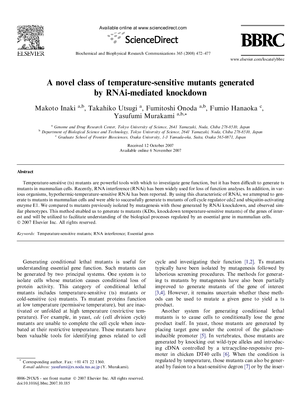 A novel class of temperature-sensitive mutants generated by RNAi-mediated knockdown