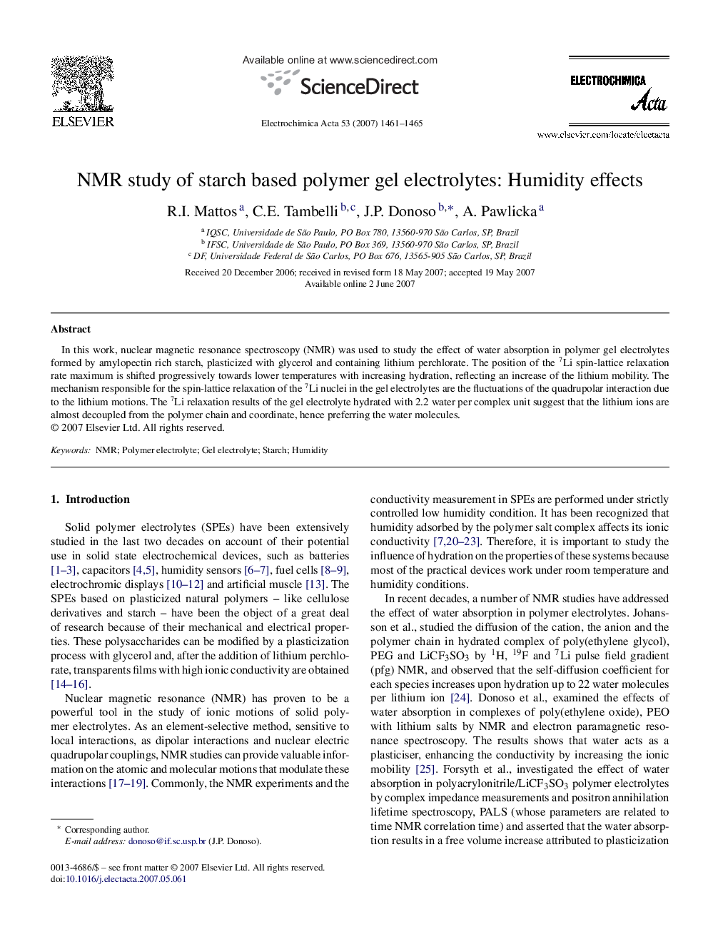 NMR study of starch based polymer gel electrolytes: Humidity effects