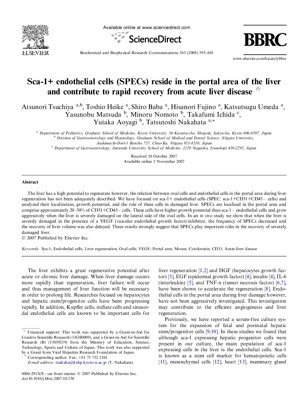 Sca-1+ endothelial cells (SPECs) reside in the portal area of the liver and contribute to rapid recovery from acute liver disease 